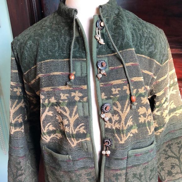 Tapestry Jacket by Flashback PXL green,gold,unique buttons/pockets floral motifs - Picture 1 of 17